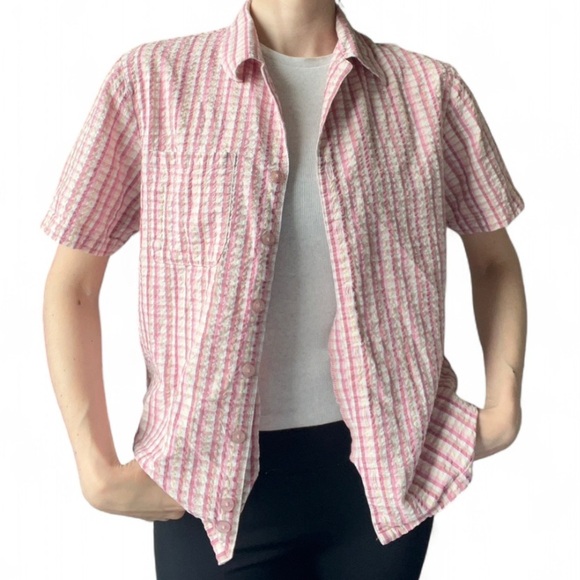 Vintage Carroll Reed Womens Pink White Plaid Button Up Short Sleeve Shirt Medium - Picture 2 of 9